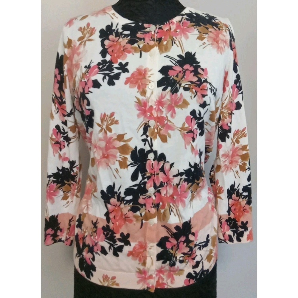 Talbots Women‎ Pink Black Brown Floral Button Up Cardigan Sweater Size M
